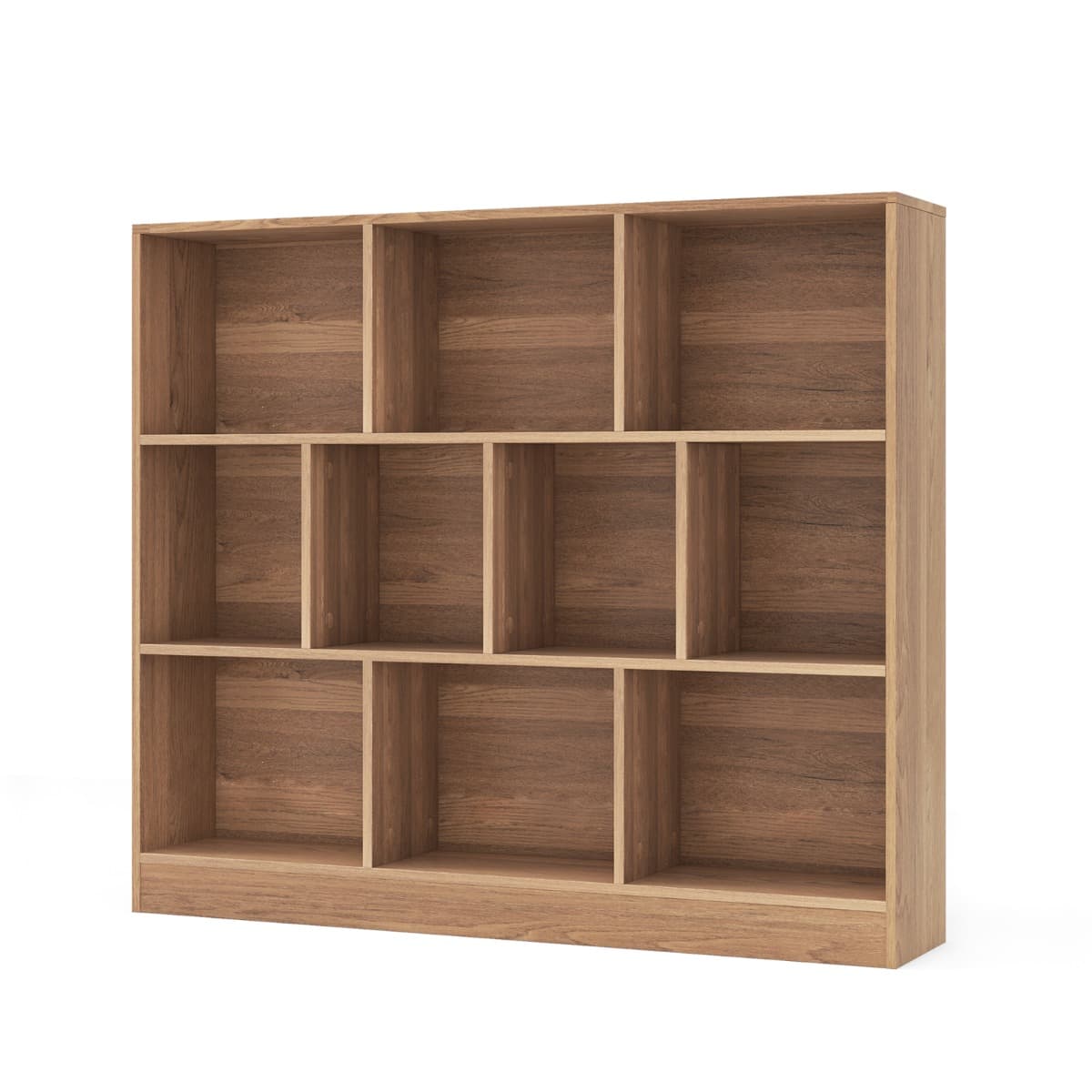 CostwayBibliothèque à 10 Cases Armoire de Rangement Autoportante à 3 Niveaux Kits Anti-basculement Etagère de Présentation en Bois 120cm Naturel