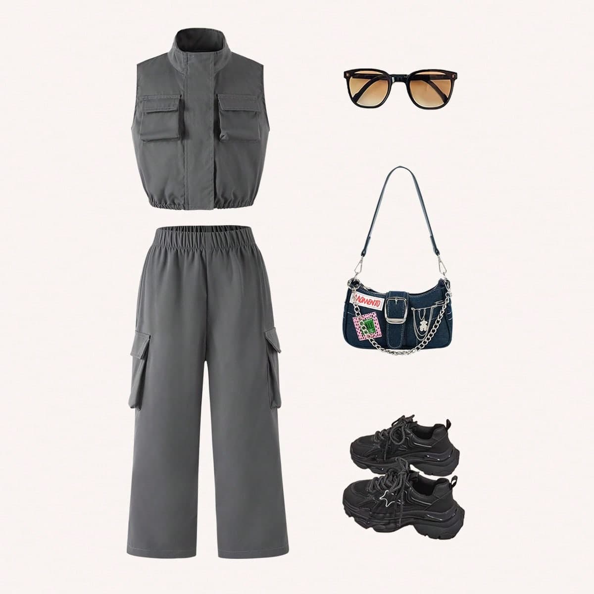 Veste Gilet De Travail Gris À La Mode Et Pantalon Cargo À Large Jambe Pour Les Petites Filles, Tous Les Deux Avec Des Poches Pratiques, Ajoutant