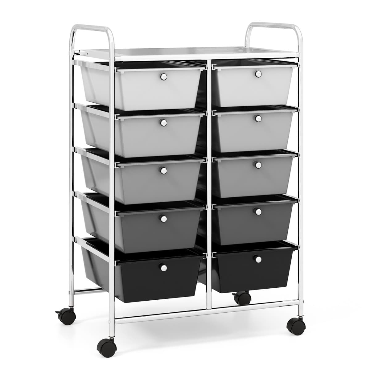 CostwayTour de Rangement à Roulettes- 10 Tiroirs Amovibles 65,5 x 37 x 87 CM Format A4 et et Lettre Gris+Noir Cadre Gris Argenté