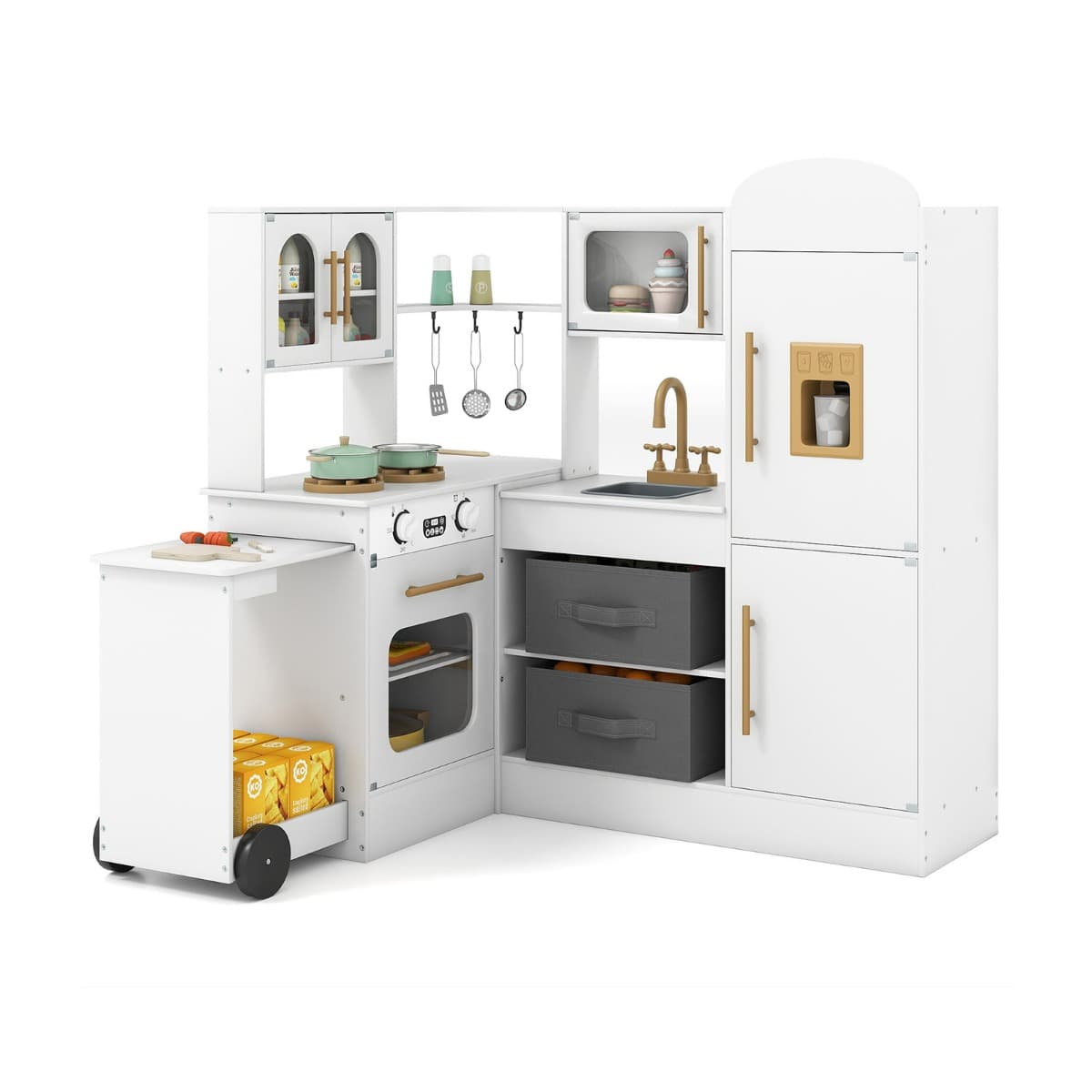 CostwayCuisine d'Angle avec Lumières et Sons Ensemble de Jeu en Bois Interactif avec Plateau Rétractable Évier Plaques de Cuisson Four 3 Ans+ Blanc